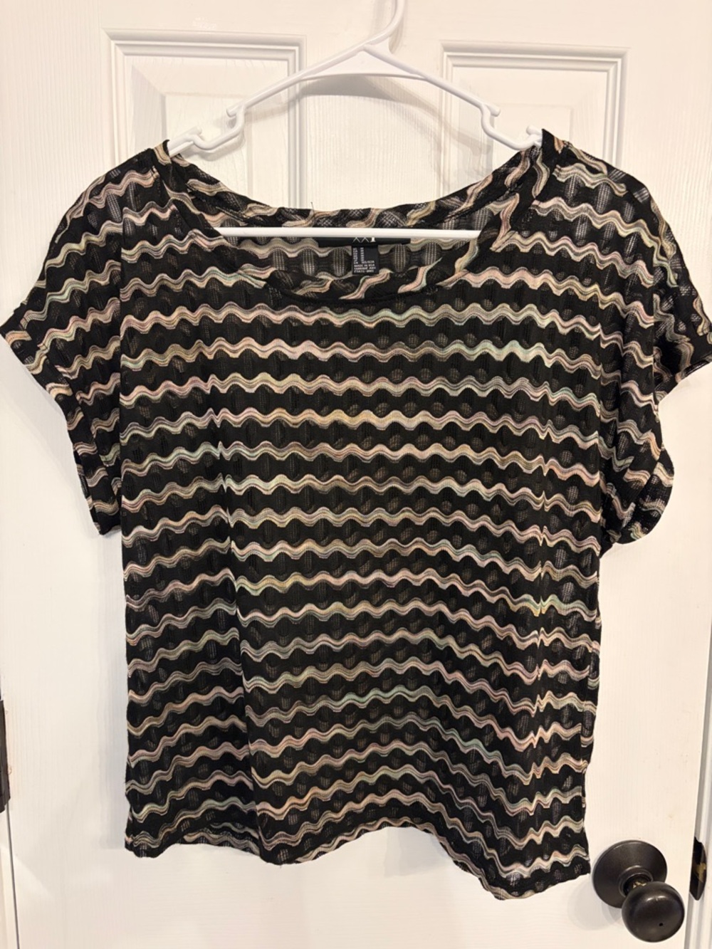 Forever 21 Black Short Sleeve sheer Top with Wavy Neutral Stripes